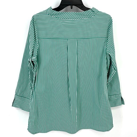 Chicos Mock Neck Poplin Shirt Size 1 8 Medium Green White Stripe Tortoise Button - Picture 3 of 7
